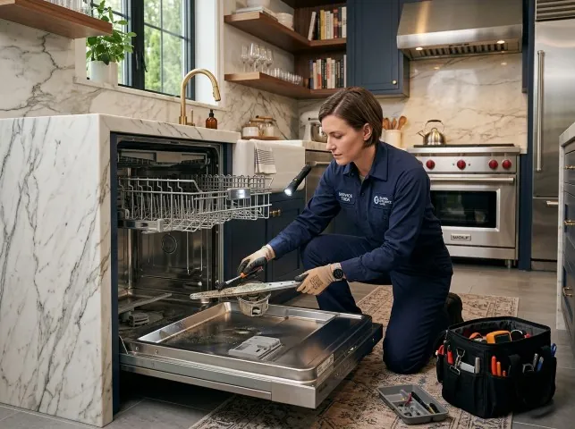 Appliance Repair Hero technician servicing a built-in dishwasher in a Ararat, VA kitchen