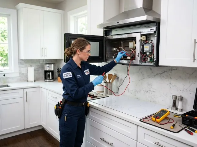 Appliance Repair Hero technician testing an over-the-range microwave in a Ararat, VA kitchen