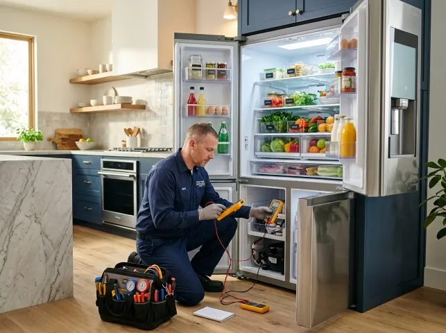 Appliance Repair Hero refrigerator technician testing a fridge on a Ararat, VA service call